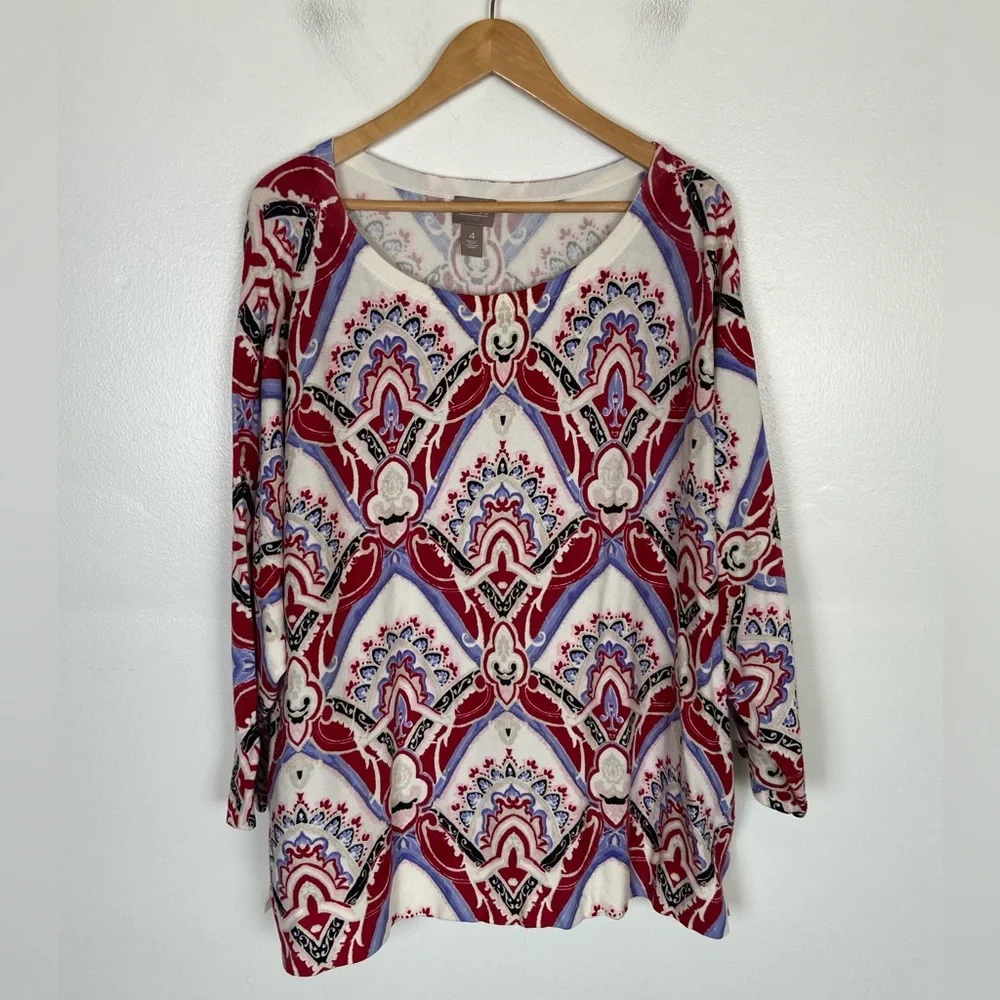 Chico's Watercolor Medallion Dolman Sleeves Sweater Size 4 US XXL‎ Boat Neck Red
